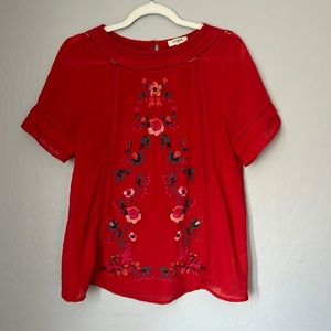 Red Top with Floral Embroidery
